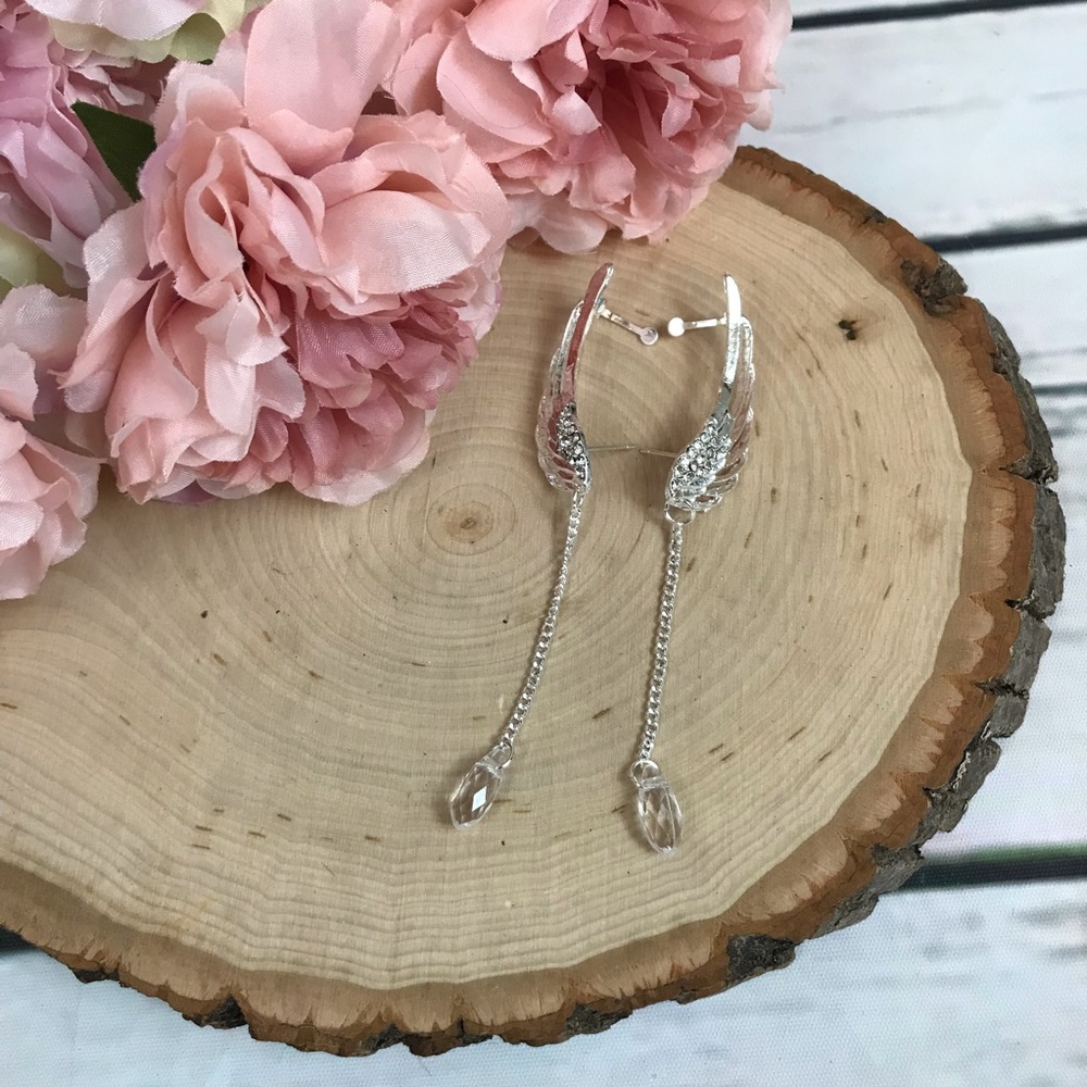 Angel Wings Water Drop Crystal Clip On Earrings - Picture 8 of 12